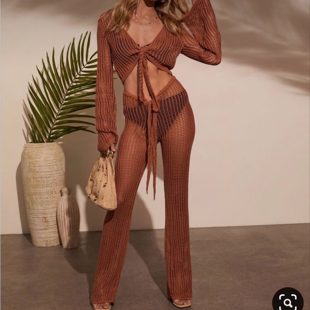 Vici Gabi Crochet Front Tie Cover Up Top and Pants Set - Chai / S NWT